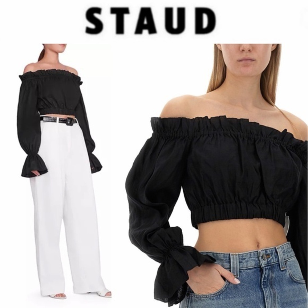 STAUD Tristan Linen Off The Shoulder Crop Top
Black Ruffled Blouse XS NWT